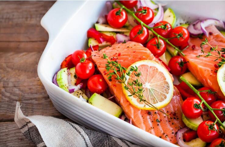 Raw fresh delicious salmon and vegetables