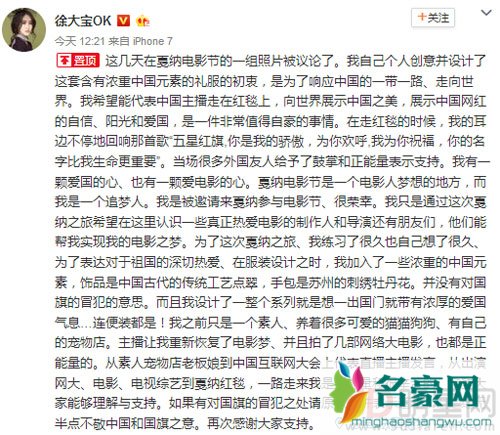 网红徐大宝穿国旗登戛纳 引争议后如此回应