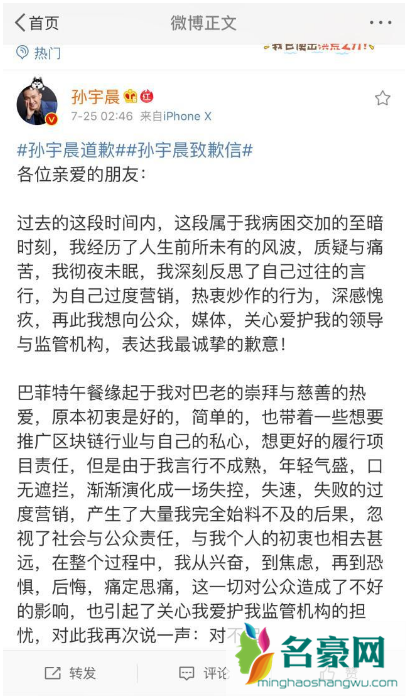 孙宇晨发文致歉 对恶俗炒作行为深感愧疚