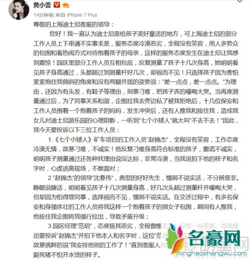 黄小蕾投诉上海迪士尼 斥其工作人员刁难