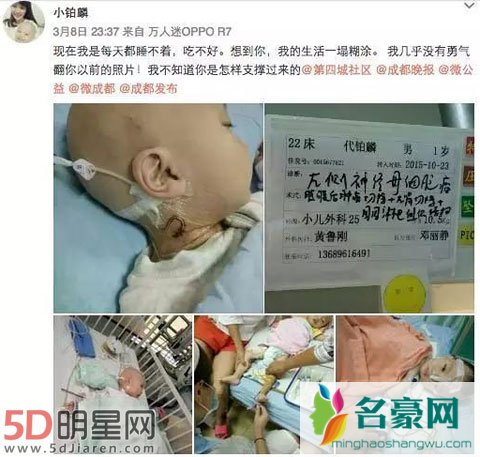 李小璐发微博悼念男童代铂麟 曾为其捐款受骗